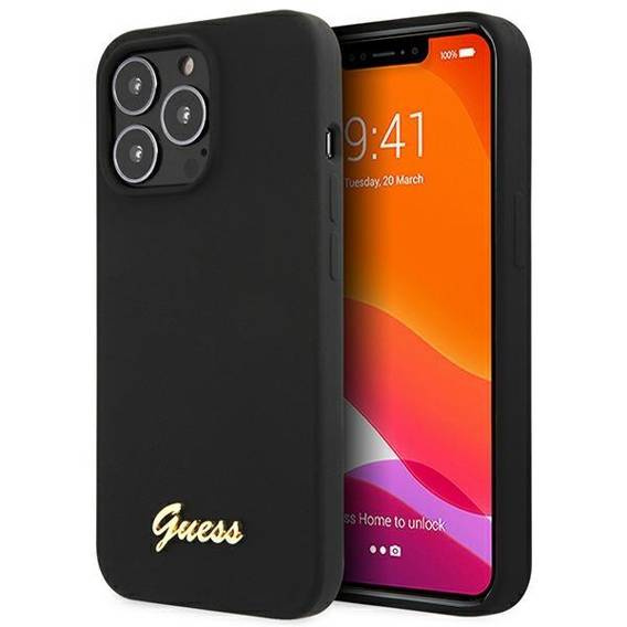 Oryginalne Etui IPHONE 13 PRO Guess Hardcase Silicone Script Gold Logo czarne