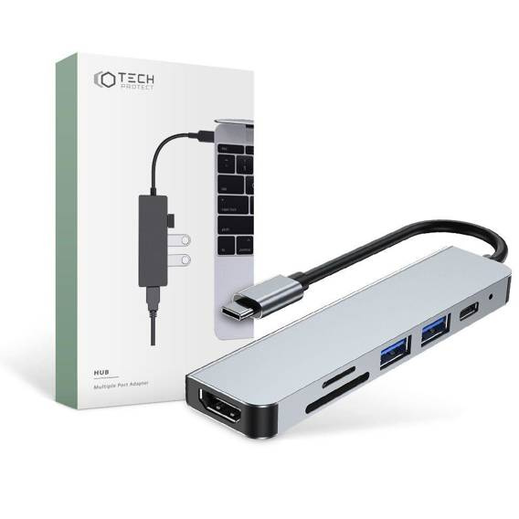 Rozdzielacz 6w1 USB HUB USB-C na 2xUSB + HDMI + USB-C + Czytnik Kart SD + micro SD Adapter Tech-Protect V4-HUB szary