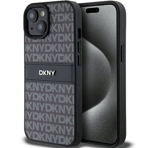 Oryginalne Etui IPHONE 15 PLUS / 14 PLUS DKNY Hardcase Leather Mono Stripe & Metal Logo (DKHCP15MPRTHSLK) czarne