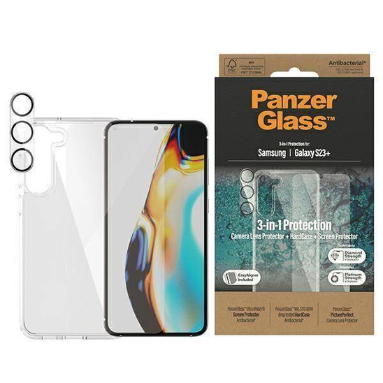 Zestaw 3w1 SAMSUNG GALAXY S23+ PanzerGlass Bundle 3in1 Hardcase + Screen Protector + Camera Lens (0434+7316) transparentne