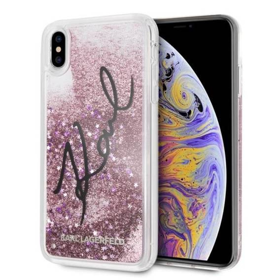 Oryginalne Etui IPHONE XS MAX Karl Lagerfeld Hard Case Signature Liquid Glitter Stars (KLHCI65TRKSIGPI) różowe