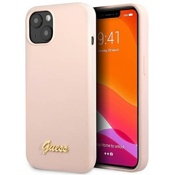 Oryginalne Etui IPHONE 13 Guess Hardcase Silicone Script Gold Logo jasny róż