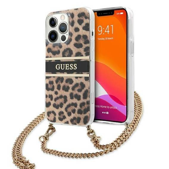 Oryginalne Etui IPHONE 13 PRO Guess Leopard Hardcase Gold Strap (GUHCP13LKBCLE) wzór