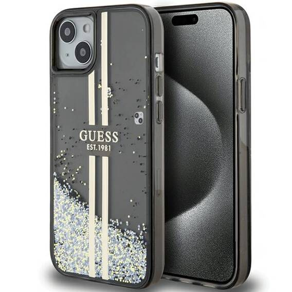 Oryginalne Etui IPHONE 14 PLUS / 15 PLUS Guess Hardcase Liquid Glitter Gold Stripes (GUHCP15MLFCSEGK) czarne