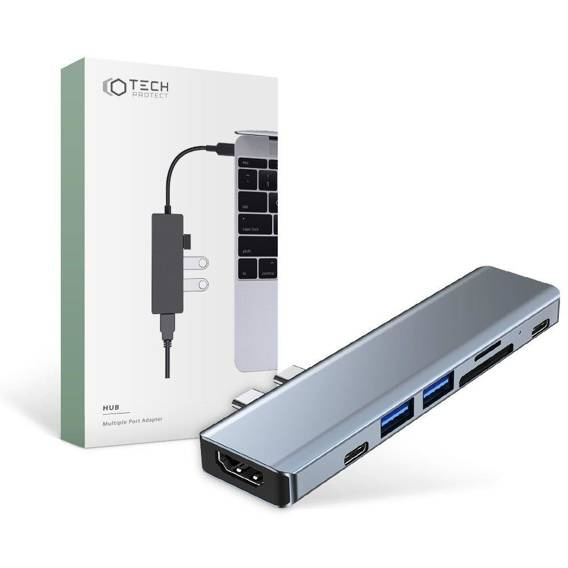 Rozdzielacz 7w1 USB HUB 2xUSB-C na 2xUSB + 2xUSB-C + HDMI + Czytnik Kart SD + micro SD Adapter Tech-Protect V5-HUB szary