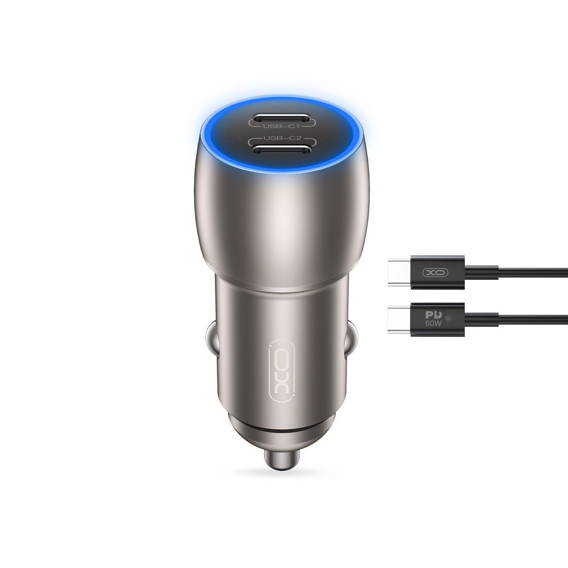 Ładowarka Samochodowa 40W 2x USB-C PD + Kabel USB-C - USB-C XO CC51 szara