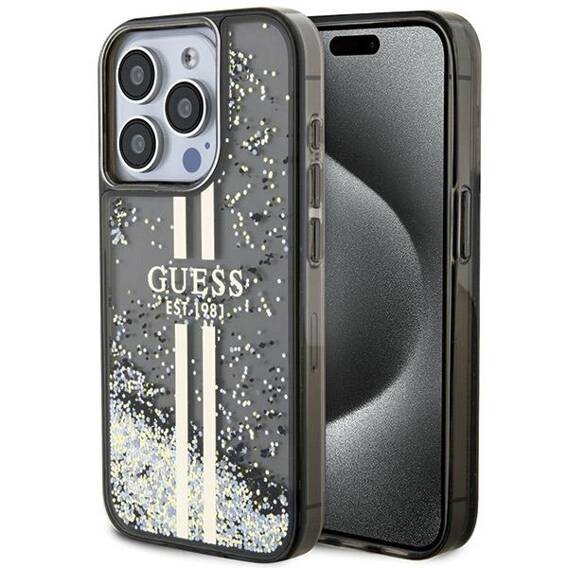 Oryginalne Etui APPLE IPHONE 15 PRO Guess Hardcase Liquid Glitter Gold Stripes (GUHCP15LLFCSEGK) czarne