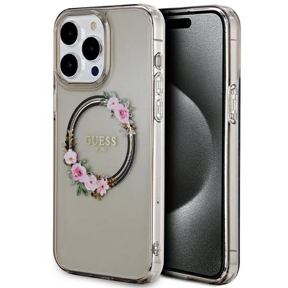 Oryginalne Etui APPLE IPHONE 15 PRO MAX Guess Hardcase IML Flowers Wreatch MagSafe (GUHMP15XHFWFCK) czarne