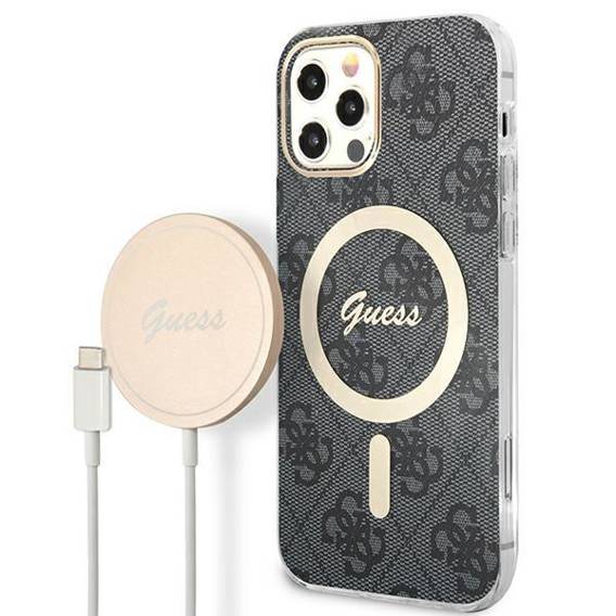 Oryginalne Etui IPHONE 12 / 12 PRO Guess Hardcase 4G Print MagSafe + Wireless Charger (GUBPP14MH4EACSB) czarne