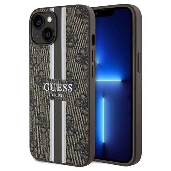 Oryginalne Etui IPHONE 13 / 14 / 15 Guess Hardcase 4G Printed Stripes MagSafe (GUHMP15SP4RPSW) brązowe