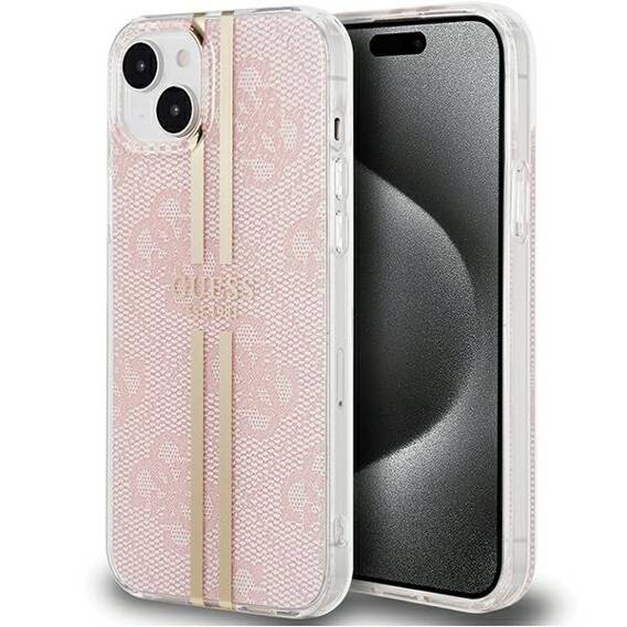 Oryginalne Etui IPHONE 13 / 14 / 15 Guess Hardcase IML 4G Gold Stripe (GUHCP15SH4PSEGP) różowe