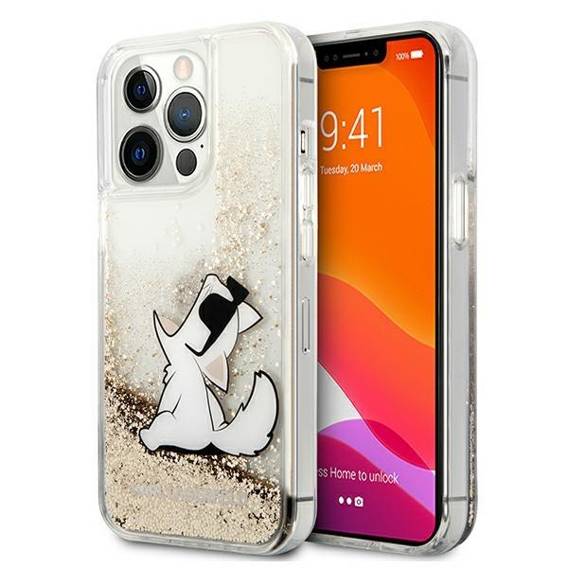 Oryginalne Etui IPHONE 13 PRO MAX Karl Lagerfeld Hardcase Liquid Glitter Choupette Fun (KLHCP13XGCFD) złote