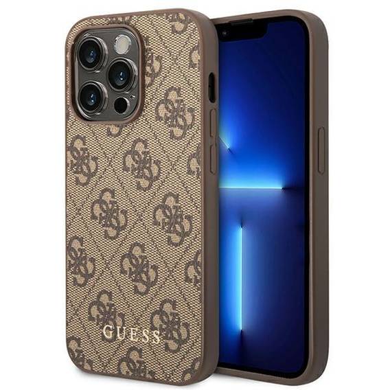 Oryginalne Etui IPHONE 14 PRO Guess Hard Case 4G Metal Gold Logo brązowe