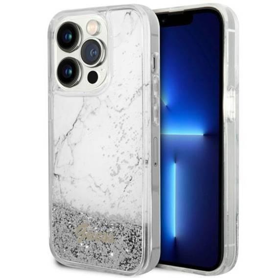 Oryginalne Etui IPHONE 14 PRO Guess Hardcase Liquid Glitter Marble (GUHCP14LLCSGSGH) białe