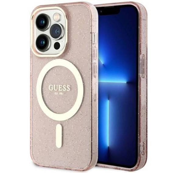 Oryginalne Etui IPHONE 14 PRO MAX Guess Hardcase Glitter Gold MagSafe (GUHMP14XHCMCGP) różowe