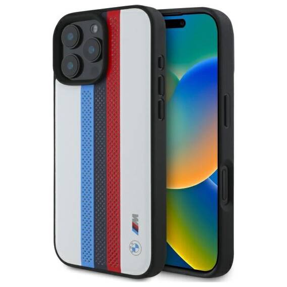 Oryginalne Etui IPHONE 16 PRO MAX BMW Hardcase M Perforated Tricolor Printed Stripes MagSafe (BMHMP16X23PUPTH) białe