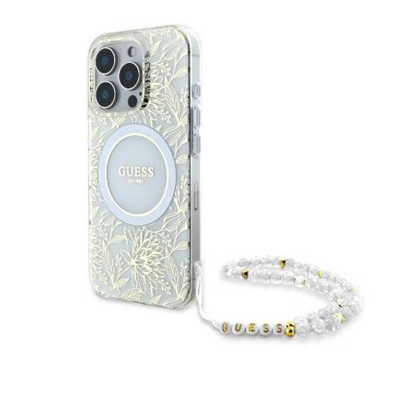 Oryginalne Etui IPHONE 16 PRO MAX Guess Hardcase IML Flowers Allover Electro With Pearl Strap MagSafe (GUHMP16XHCPOFPH) białe