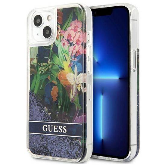 Etui IPHONE 13 MINI Guess Hardcase Flower Liquid Glitter (GUHCP13SLFLSB) niebieskie