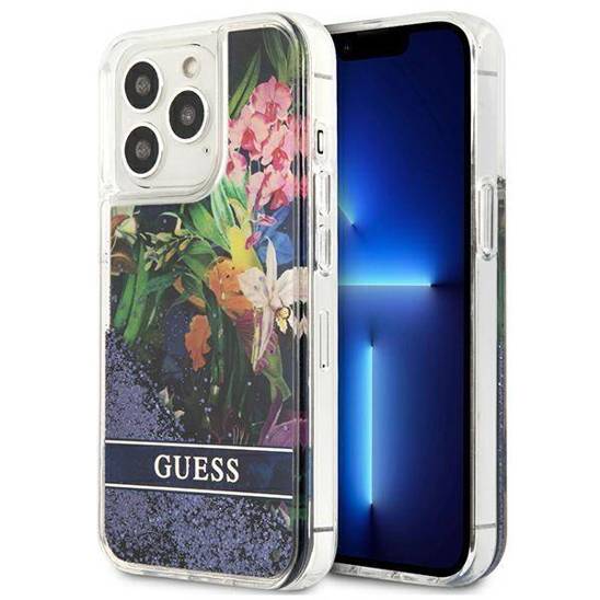 Etui IPHONE 13 PRO Guess Hardcase Flower Liquid Glitter (GUHCP13LLFLSB) niebieskie