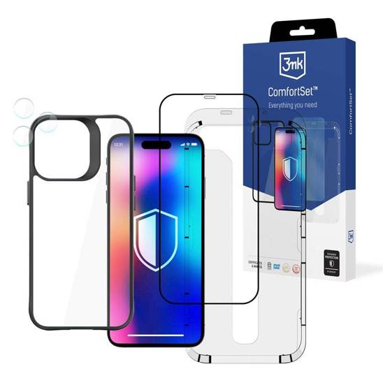 Etui + Szkło Hartowane IPHONE 14 PRO MAX 3MK Comfort Set 4in1 ( + Szkło Hybrydowe na Obiektywy) transparentne