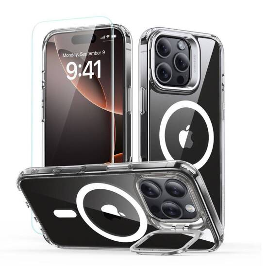 Etui ze stojakiem + szkło hartowane IPHONE 16 PRO MAX ESR Classic Hybrid Kickstand Halolock MagSafe & Tempered Glass Clear transparentne