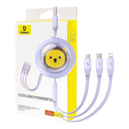 Kabel ładowania 3w1 Baseus USB do USB-C, USB-M, Lightning 3,5A, 1,1m (fioletowy)