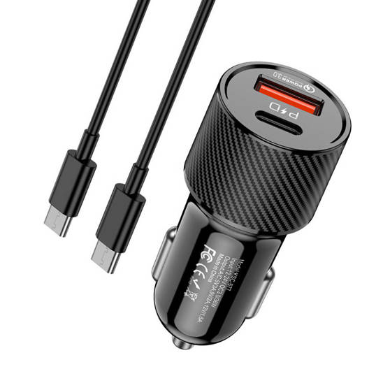 Ładowarka Samochodowa (USB typ C PD + USB QC3.0) + Kabel USB-C - USB-C 1m Kakusiga KSC-678 czarna