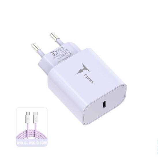 Ładowarka Sieciowa 20W USB-C + Kabel 60W USB-C - USB-C T-PHOX Moderate Series T-PP11 liliowe