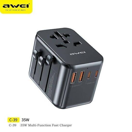 Ładowarka Sieciowa 35W 4w1 Adapter 2xUSB+3xUSB-C AWEI C-39 US/AU/EU/UK Univesal Travel GaN Charger czarna