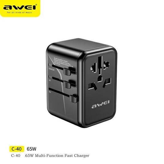 Ładowarka Sieciowa 65W 4w1 Adapter 2xUSB+3xUSB-C AWEI C-40 US/AU/EU/UK Univesal Travel GaN Charger czarna 