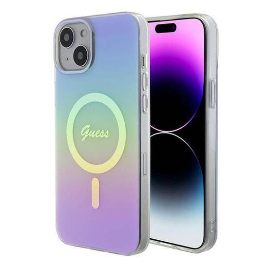 Oryginalne Etui APPLE IPHONE 15 Guess Hardcase IML Iridescent MagSafe (GUHMP15SHITSU) fioletowe