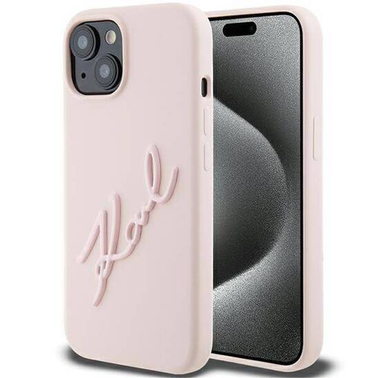 Oryginalne Etui APPLE IPHONE 15 Karl Lagerfeld Hardcase Silicone Karl Script (KLHCP15SSKSBMCP) różowe