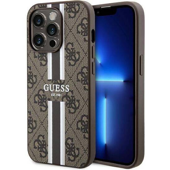 Oryginalne Etui APPLE IPHONE 15 PRO Guess Hardcase 4G Printed Stripes MagSafe (GUHMP15LP4RPSW) brązowe