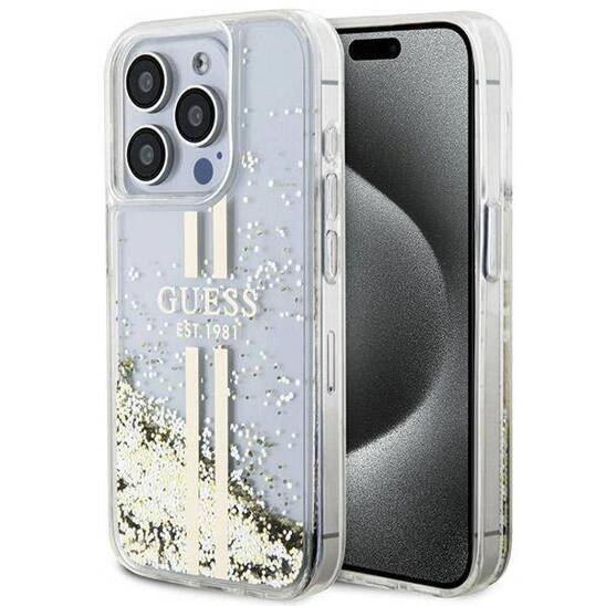 Oryginalne Etui APPLE IPHONE 15 PRO Guess Hardcase Liquid Glitter Gold Stripes (GUHCP15LLFCSEGT) transparentne