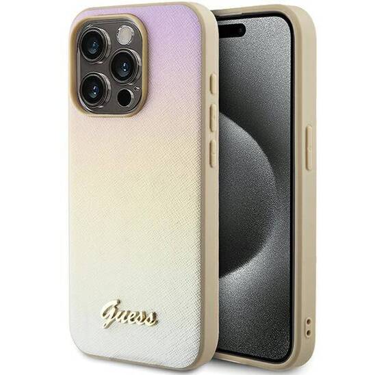 Oryginalne Etui APPLE IPHONE 15 PRO Guess Hardcase Saffiano Iridescent Script (GUHCP15LPSAIRSD) złote