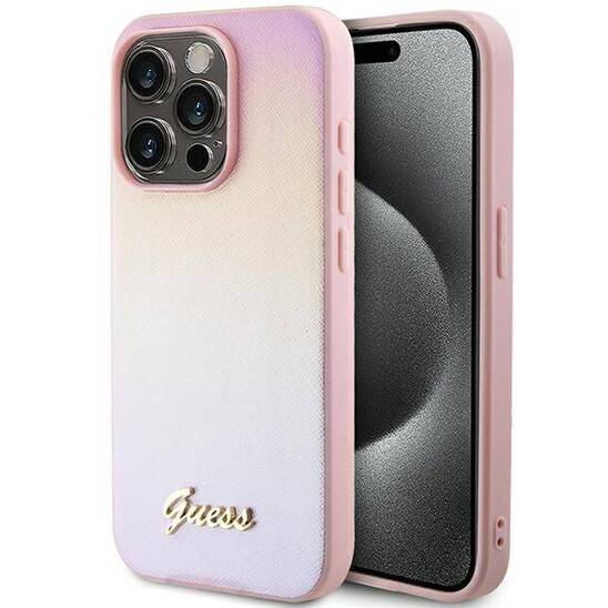 Oryginalne Etui APPLE IPHONE 15 PRO Guess Hardcase Saffiano Iridescent Script (GUHCP15LPSAIRSP) różowe