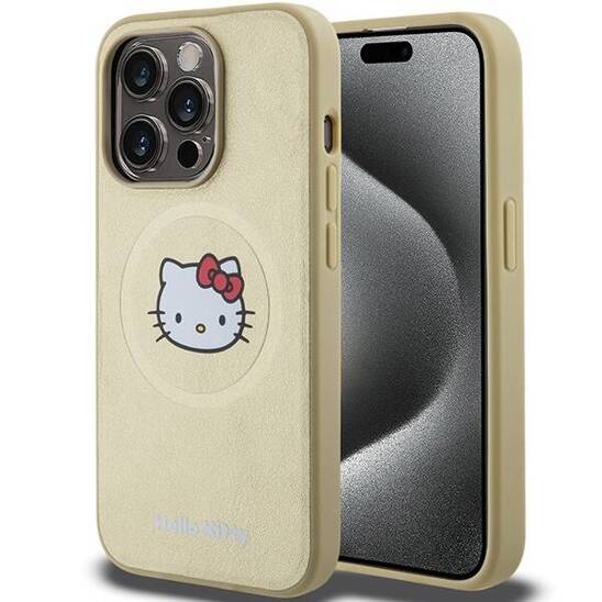 Oryginalne Etui APPLE IPHONE 15 PRO Hello Kitty Hardcase Leather Kitty Head MagSafe (HKHMP15LPGHCKD) złote