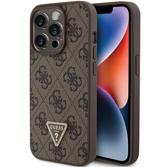 Oryginalne Etui APPLE IPHONE 15 PRO MAX Guess Hardcase Leather 4G Triangle Strass (GUHCP15XP4TDPW) brązowe