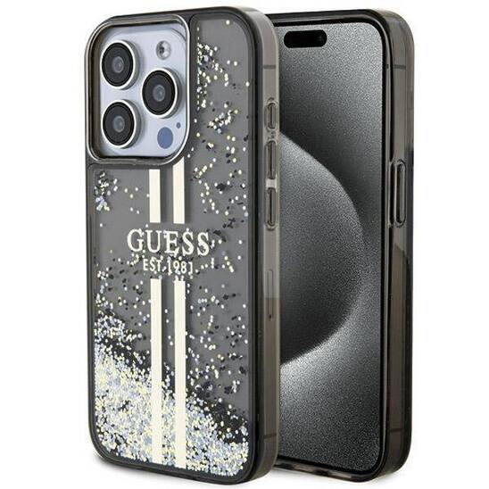 Oryginalne Etui APPLE IPHONE 15 PRO MAX Guess Hardcase Liquid Glitter Gold Stripes (GUHCP15XLFCSEGK) czarne