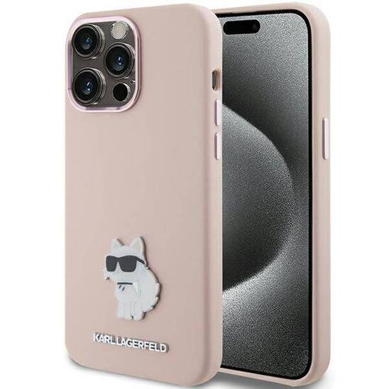 Oryginalne Etui APPLE IPHONE 15 PRO MAX Karl Lagerfeld Silicone Choupette Metal Pin (KLHCP15XSMHCNPP) różowe