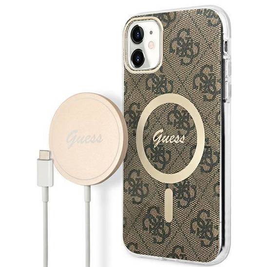 Oryginalne Etui IPHONE 11 Guess Hardcase 4G Print MagSafe + Wireless Charger (GUBPP14LH4EACSP) brązowe