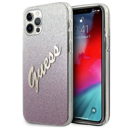 Oryginalne Etui IPHONE 12 / 12 PRO 6,1" Guess Hardcase Glitter Gradient Script GUHCP12MPCUGLSPI różowe