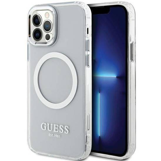 Oryginalne Etui IPHONE 12 / 12 PRO Guess Hard Case Metal Outline Magsafe (GUHMP12MHTRMS) srebrne