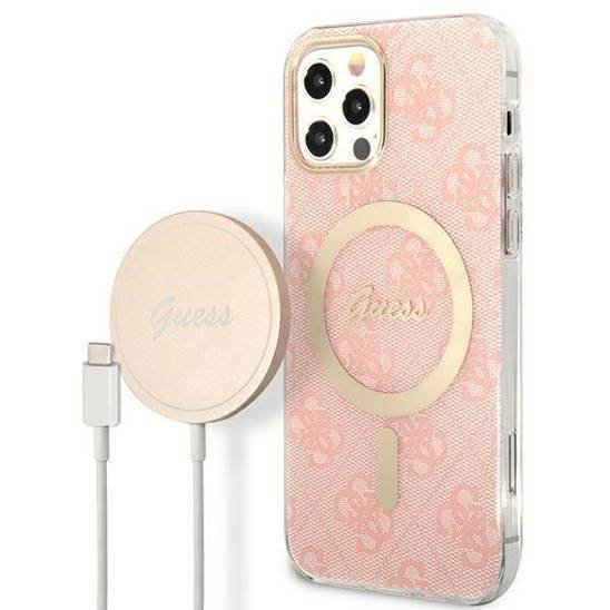 Oryginalne Etui IPHONE 12 / 12 PRO Guess Hardcase 4G Print MagSafe + Wireless Charger (GUBPP12MH4EACSP) różowe