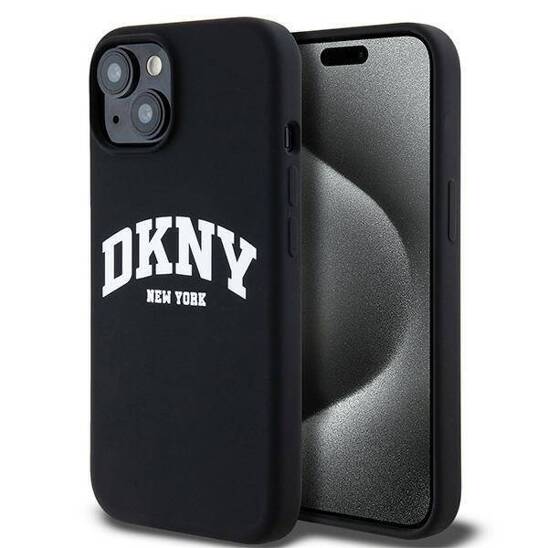 Oryginalne Etui IPHONE 13 / 14 / 15 DKNY Hardcase Liquid Silicone White Printed Logo MagSafe (DKHMP15SSNYACH) czarne