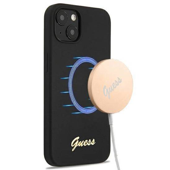 Oryginalne Etui IPHONE 13 Guess Hardcase Silicone Script Gold Logo Magsafe (GUHMP13MLSLMGBK) czarne