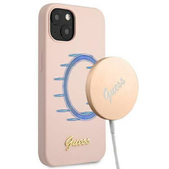 Oryginalne Etui IPHONE 13 Guess Hardcase Silicone Script Gold Logo Magsafe (GUHMP13MLSLMGLP) jasny róż