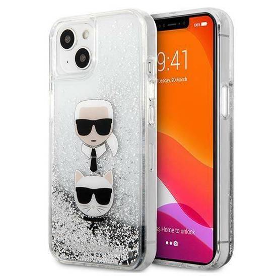 Oryginalne Etui IPHONE 13 MINI Karl Lagerfeld Hardcase Liquid Glitter Karl&Choupette Head (KLHCP13SKICGLS) srebrne