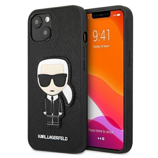 Oryginalne Etui IPHONE 13 MINI Karl Lagerfeld Hardcase Saffiano Ikonik Karl's Patch (KLHCP13SOKPK) czarne