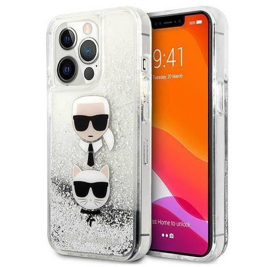 Oryginalne Etui IPHONE 13 PRO Karl Lagerfeld Hardcase Liquid Glitter Karl&Choupette Head (KLHCP13LKICGLS) srebrne